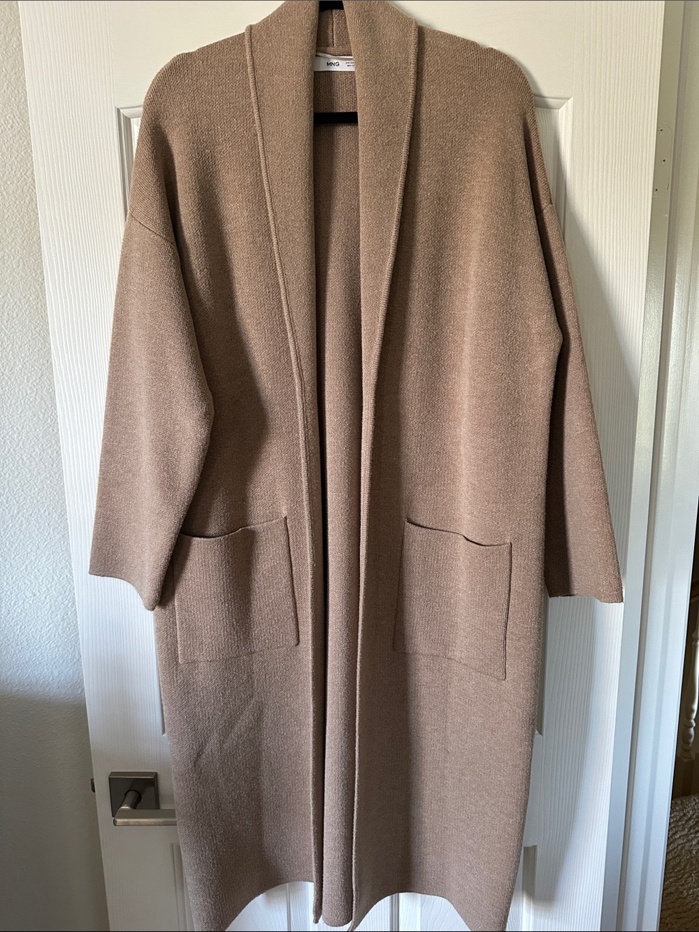 Mango Long Open-Front Coatigan in Taupe Brown